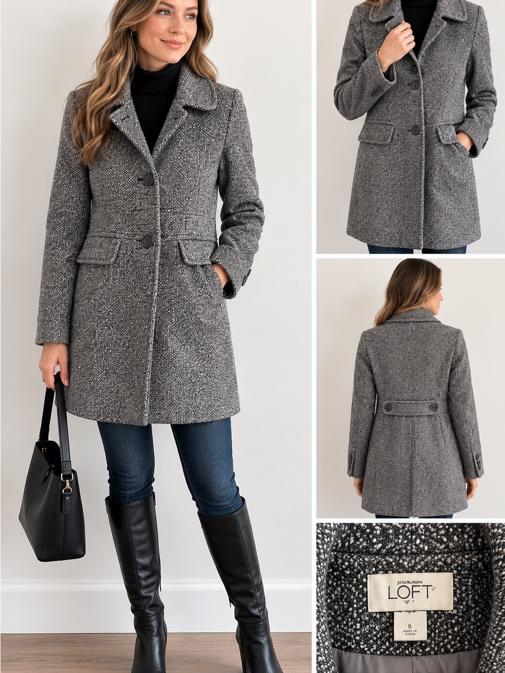 LOFT Gray Tweed Tailored Long Coat Size Small